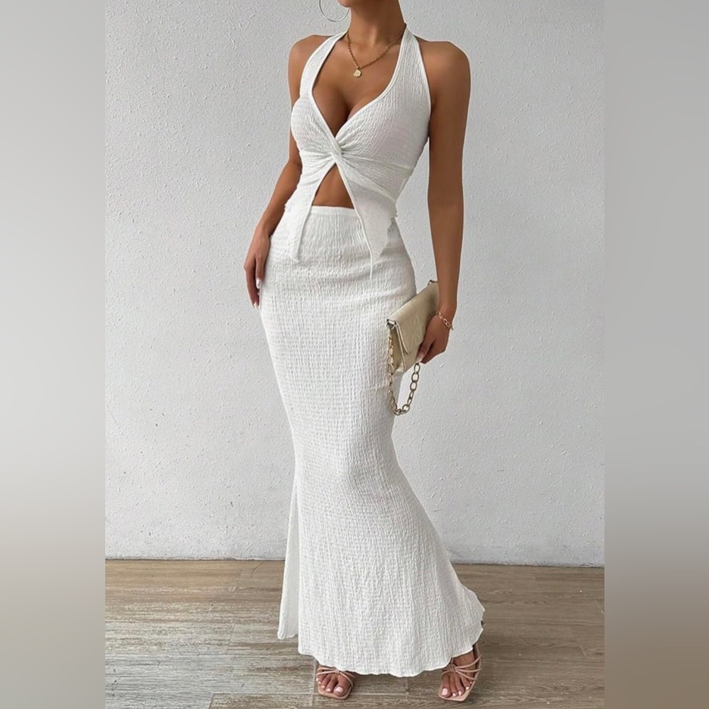 White Halter Top and Skirt Set